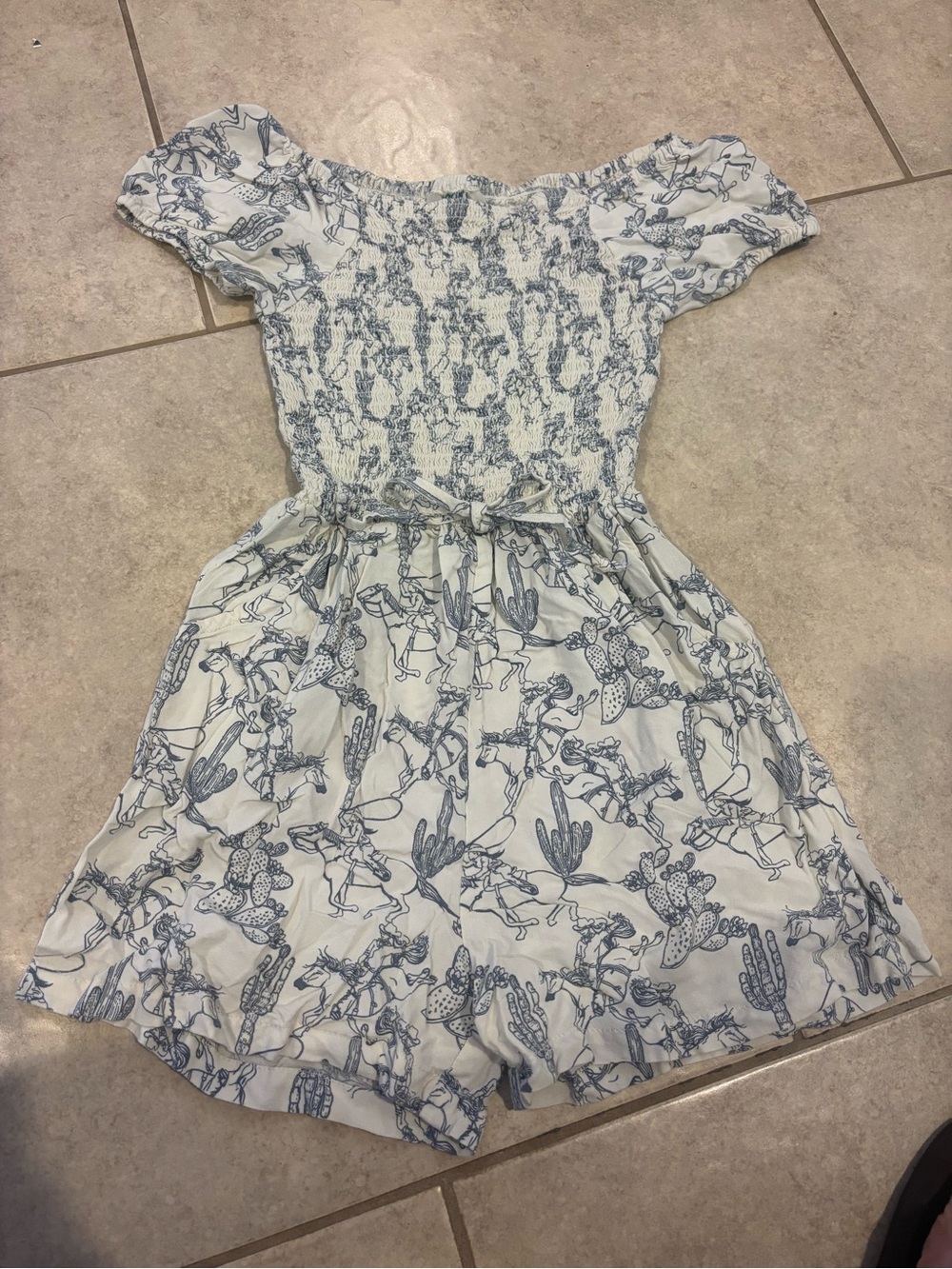 Girls White & Blue Smocked Off-Shoulder Romper